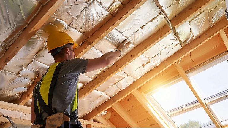 person insulating house roof with home insulation Energy-saving expert providing advice to UK homeowners