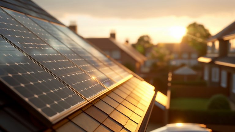 Energy-saving expert providing advice to UK homeowners House with solar panels and sunset